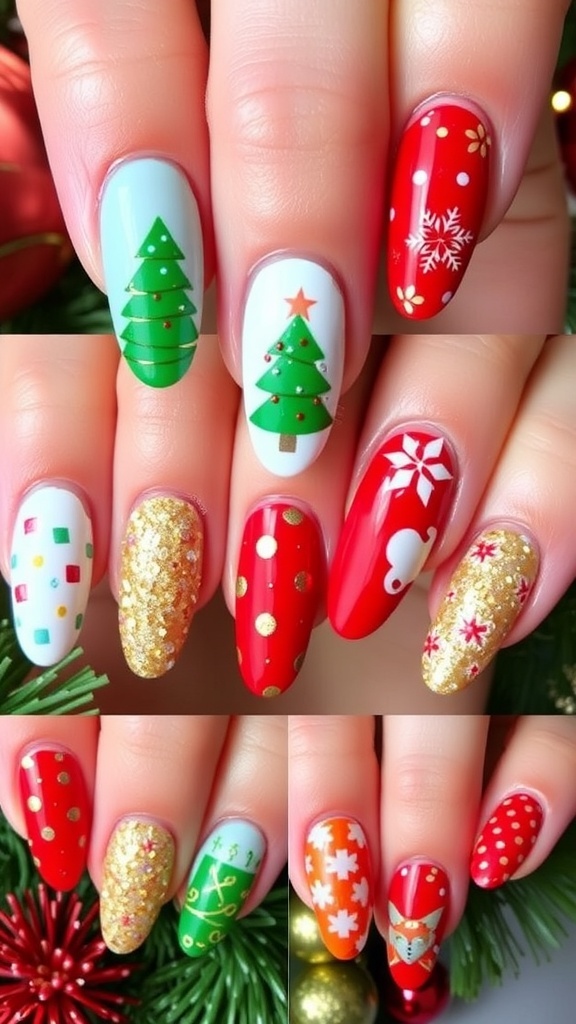 Festive Christmas nail art designs with snowflakes, trees, and glitter.